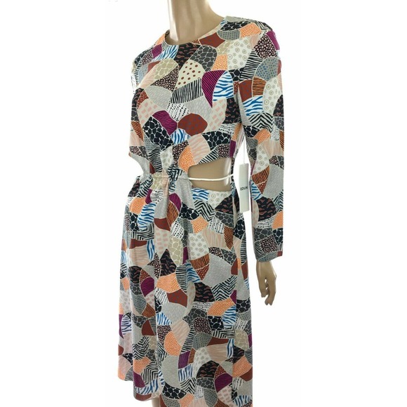 Edun NWT Dress Ecru Multi-Color Broken Tile Poplin Cotton Cut Outs at Waist - Picture 3 of 7